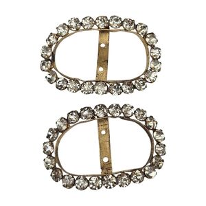 Antique White Rhinestone Shoe Buckles Curved Oval Foil Back Buckle Set 1910s 20s